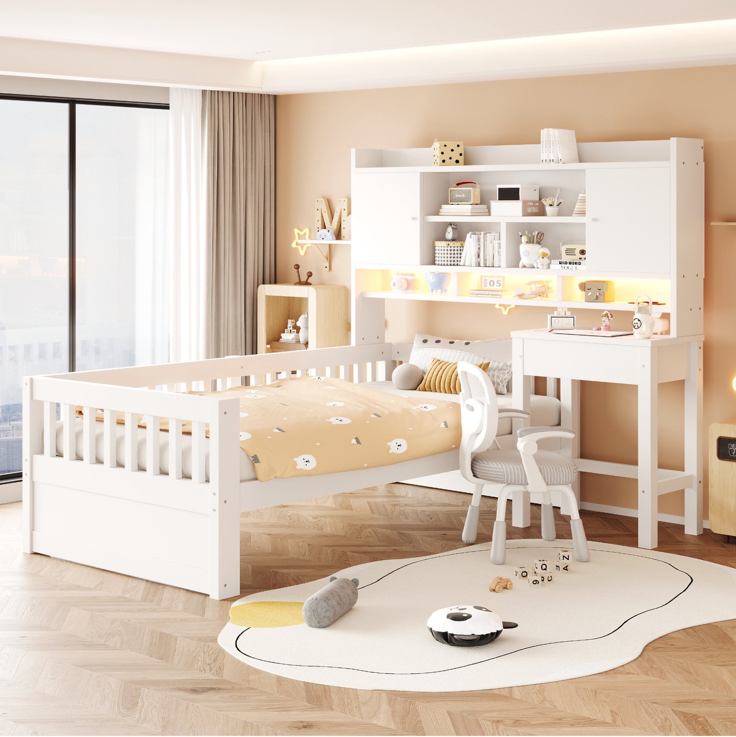 FloraGrace Kinderbed 90x200 cm - Met Bureau, Opbergruimte, LED-Verlichting En Stopcontact - Zonder Matras - Hout En MDF - Wit