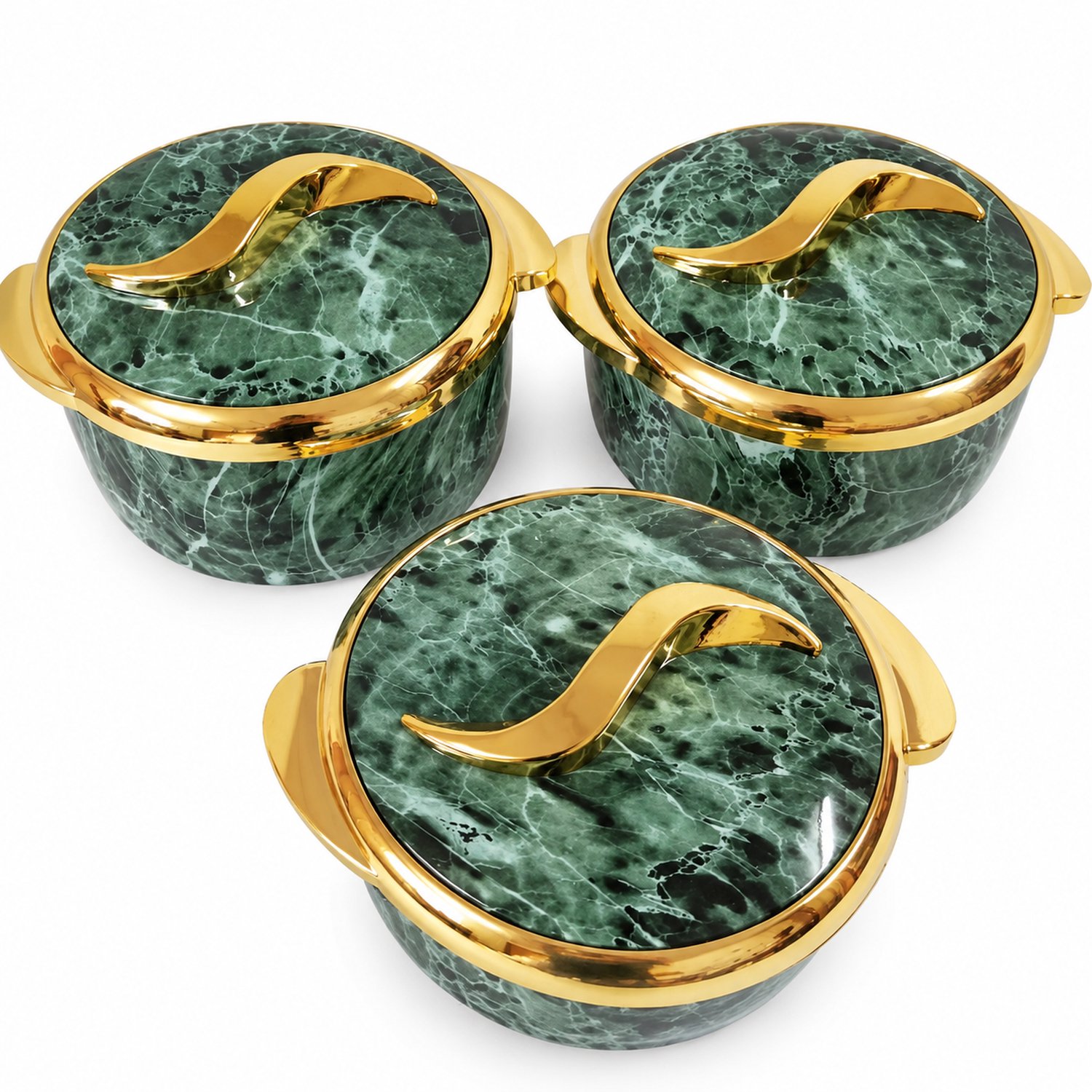 Set van 3 ronde serveerschalen met deksel 1,5 l 2 l en 2,5 l groen marmerpatroon met goudkleurige rand