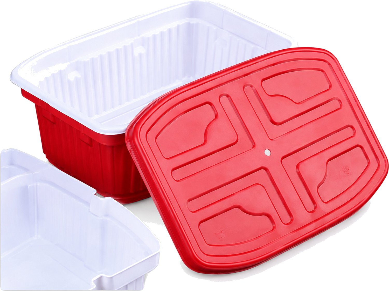 Broodtrommel 950 ml, rood-wit, met deksel en twee vakken voor zelfverwarmende maaltijden