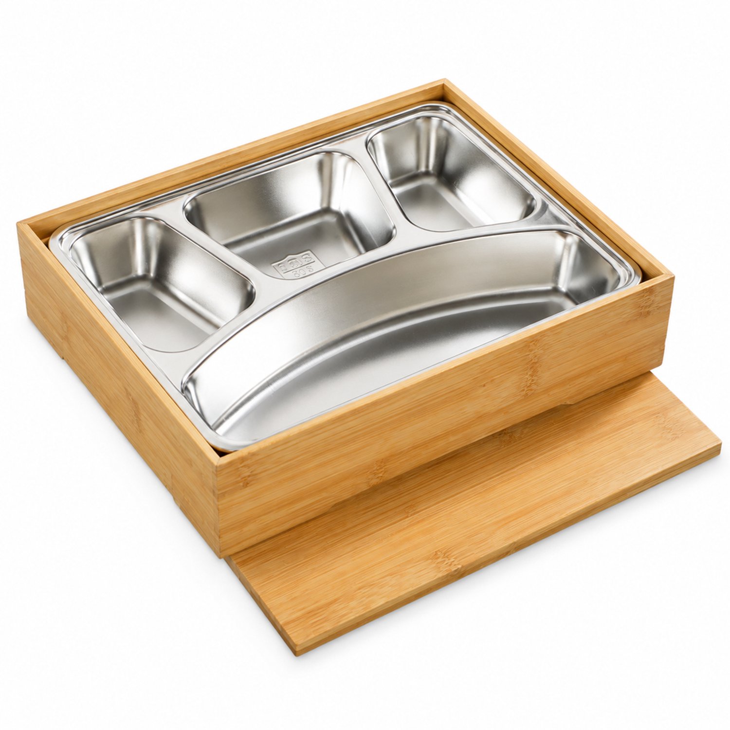 Broodtrommel met 4 vakken, bamboe box met roestvrijstalen inzet en deksel, 29,5 × 23,5 × 6 cm