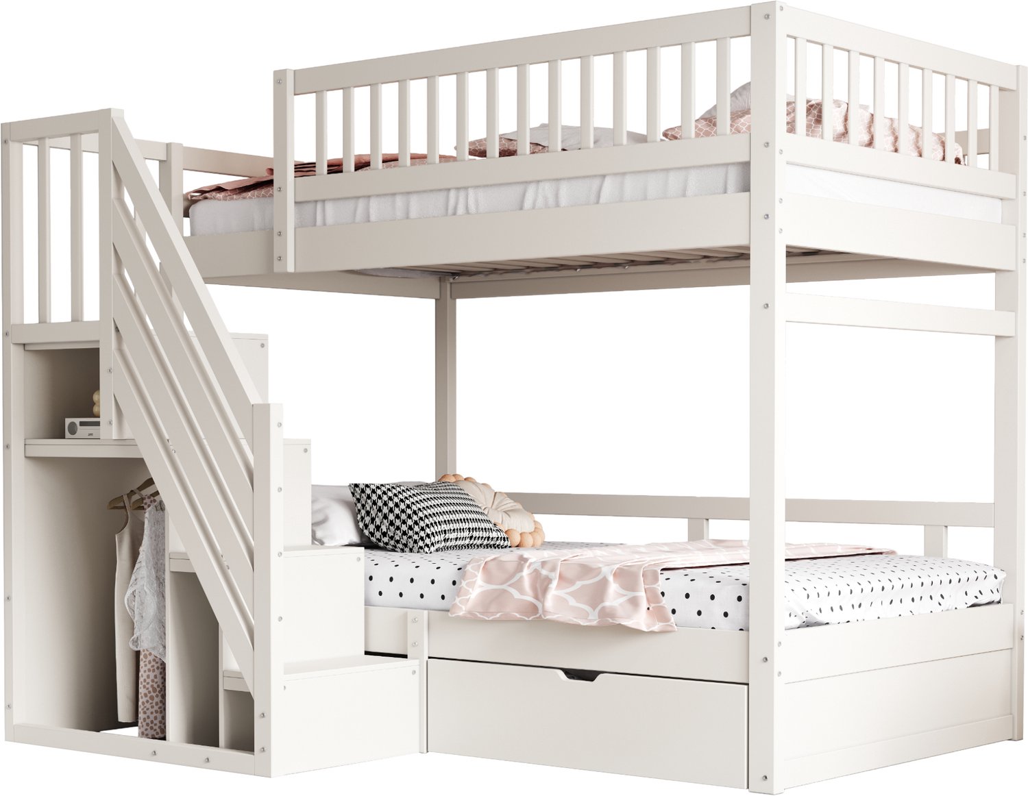 Wit Houten Stapelbed 90x200 cm - Met Opbergtrap En Opberglades - Hoge Uitvalbeveiliging En Lattenbodems - Grenenhout, Multiplex En MDF