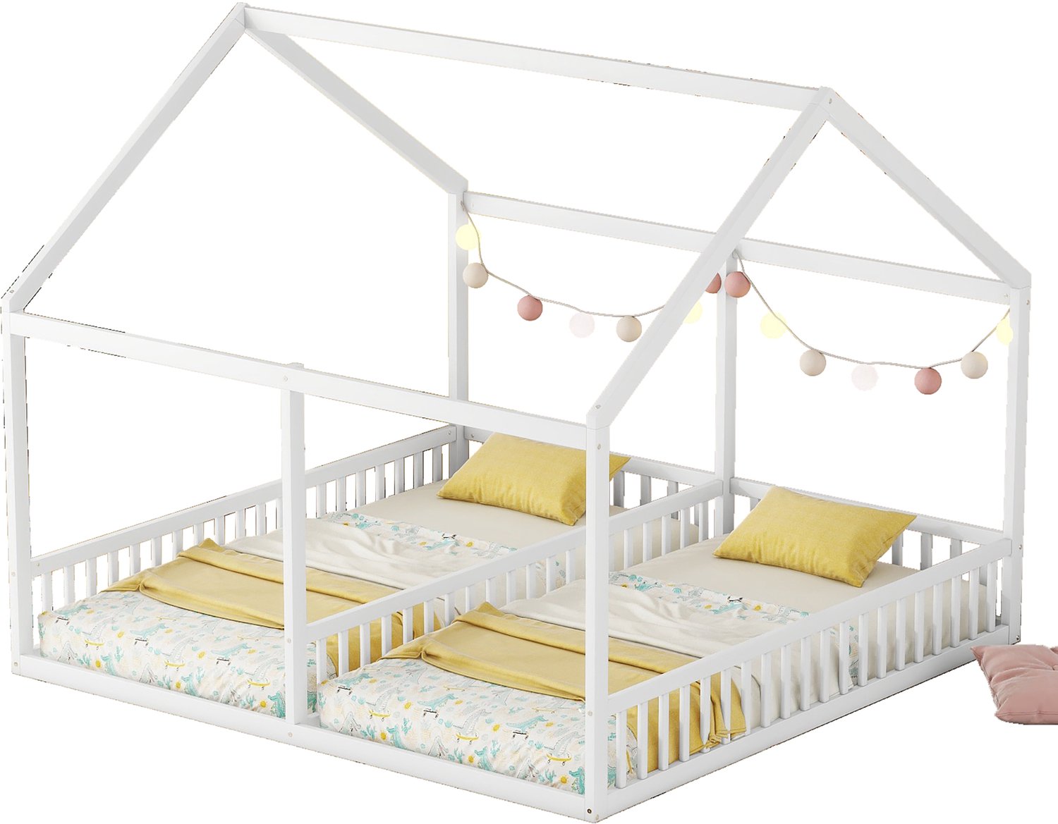 Ropilly Huisbed Voor Twee Kinderen - 90 x 200 cm Per Slaapplaats - Met Scheidingshekje En Dakframe - Grenenhout En MDF - Wit Voor De Kinderkamer
