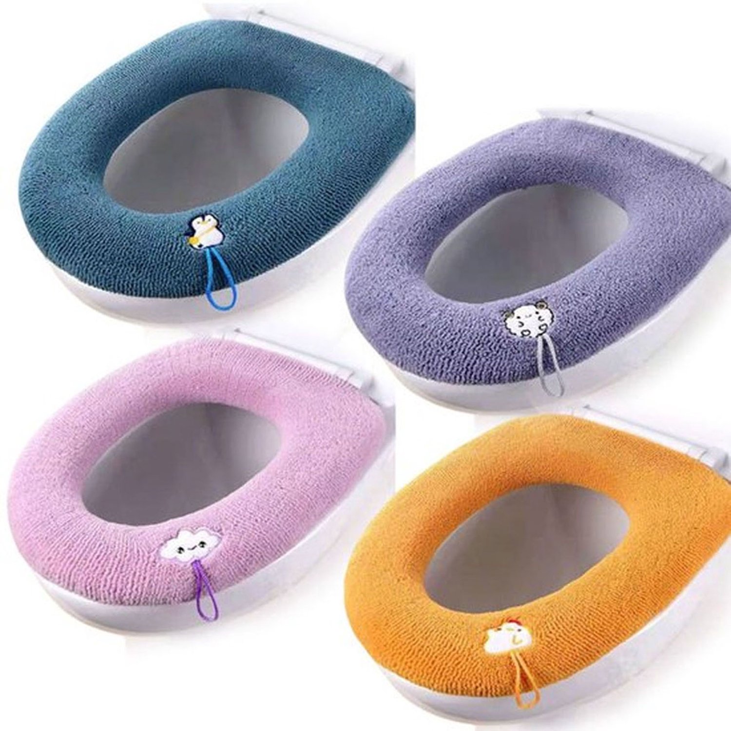 4 Stuks Toilet Seat Cover Pads - Wasbare Doek - Badkamer - Zachte - Dikkere - Warmer - Rekbare - Blauw, Grijs, Roze, Oranje