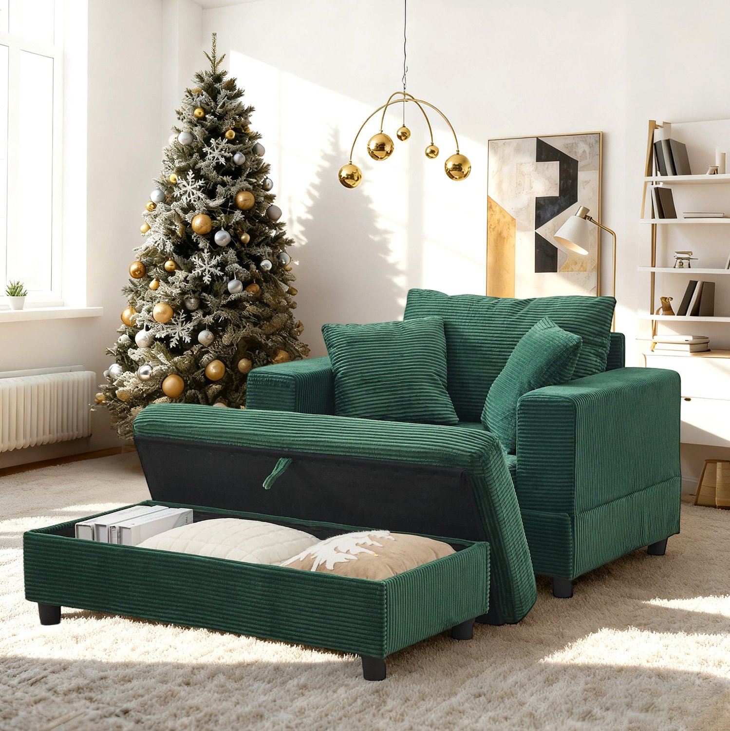 WUVRIE Chaise longue 107x74x57 cm - Met opberg-voetbank en 3 kussens - Smaragdgroen