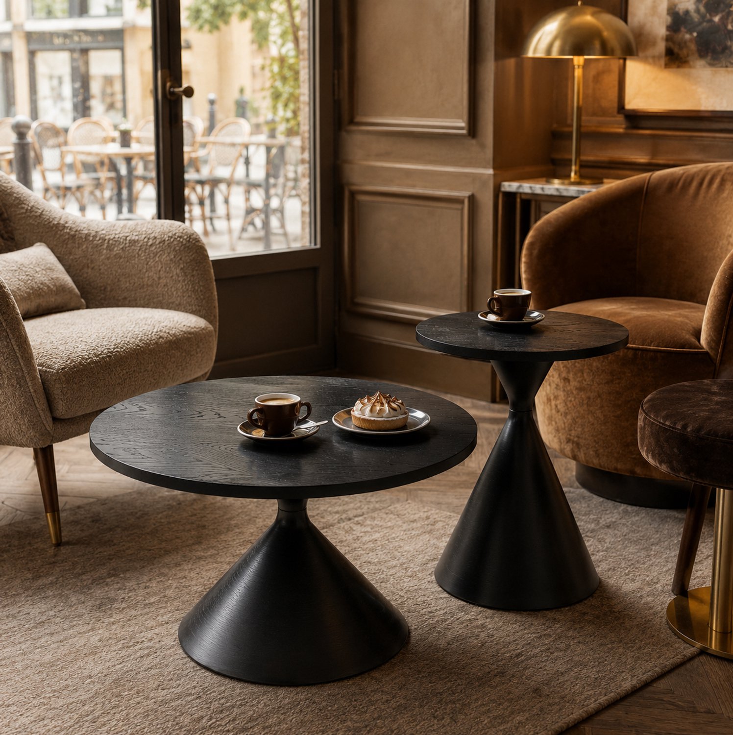 STILVORA Ronde Salontafelset - 2 Tafels Met Zwarte Houtlook En Stalen Onderstel - Voor Woonkamer En Slaapkamer - MDF En Metaal - 70 En 50 Cm - Zwart