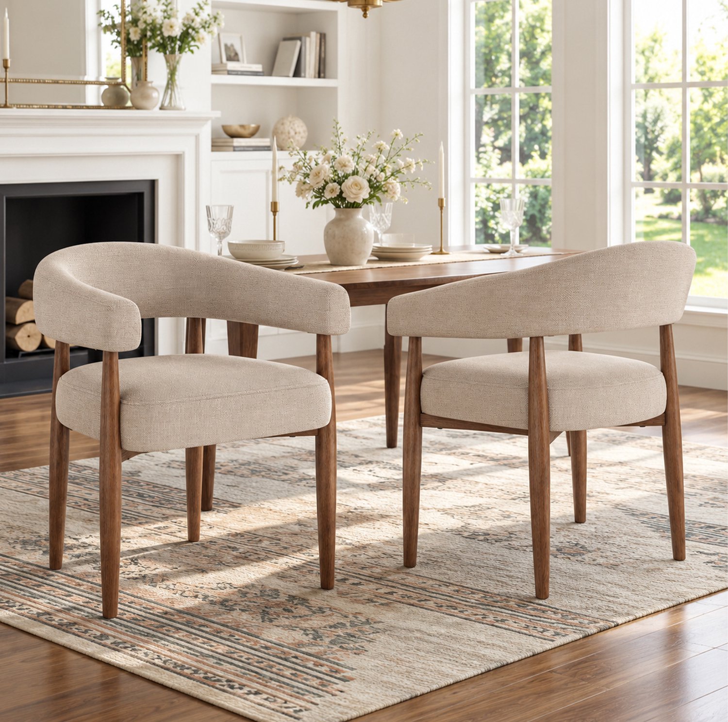COVREO 2 Eetkamerstoelen met armleuningen – Kuipstoelen van metaal met houtlook – Zitplaatsen voor eetkamer – 60x59x75 cm – Taupe