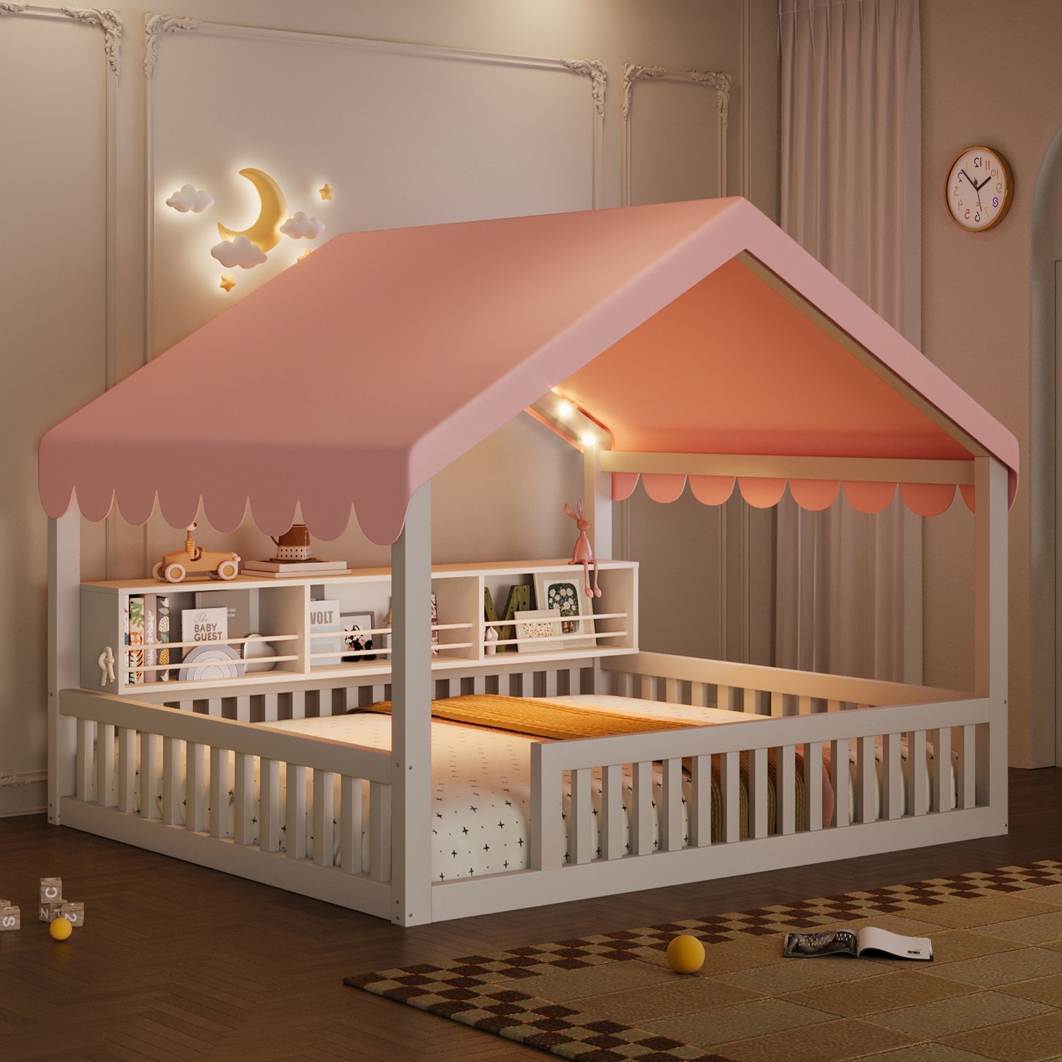 Kinderbed, Tweepersoonsbed, 140x200 cm van hout met hemel, LED-lichtslinger en boekenrek – Vloerbed met veiligheidshekje, Wit