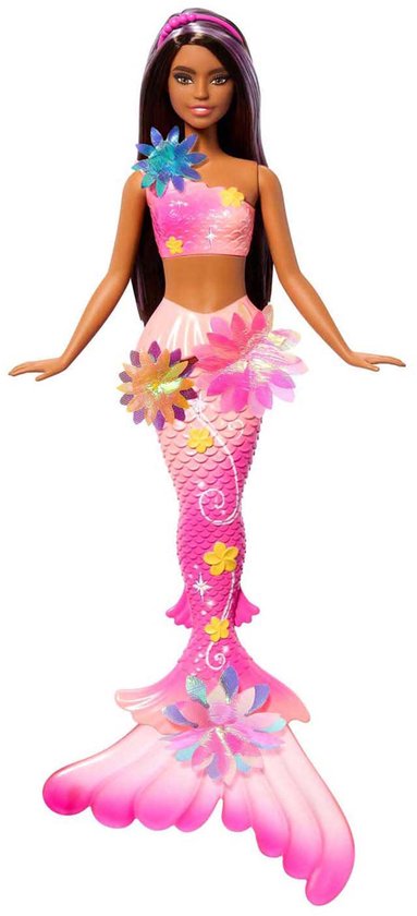 Barbie zeemeerminpop met bruin haar, roze top en roze staart versierd met iriserende bloemen.