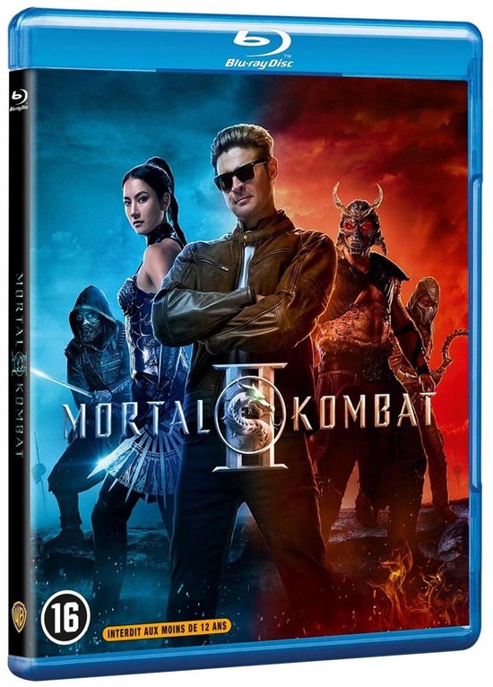 Blu-ray hoes Mortal Kombat II toont castleden en het logo, met leeftijdsclassificatie 16 en 12 jaar grens.