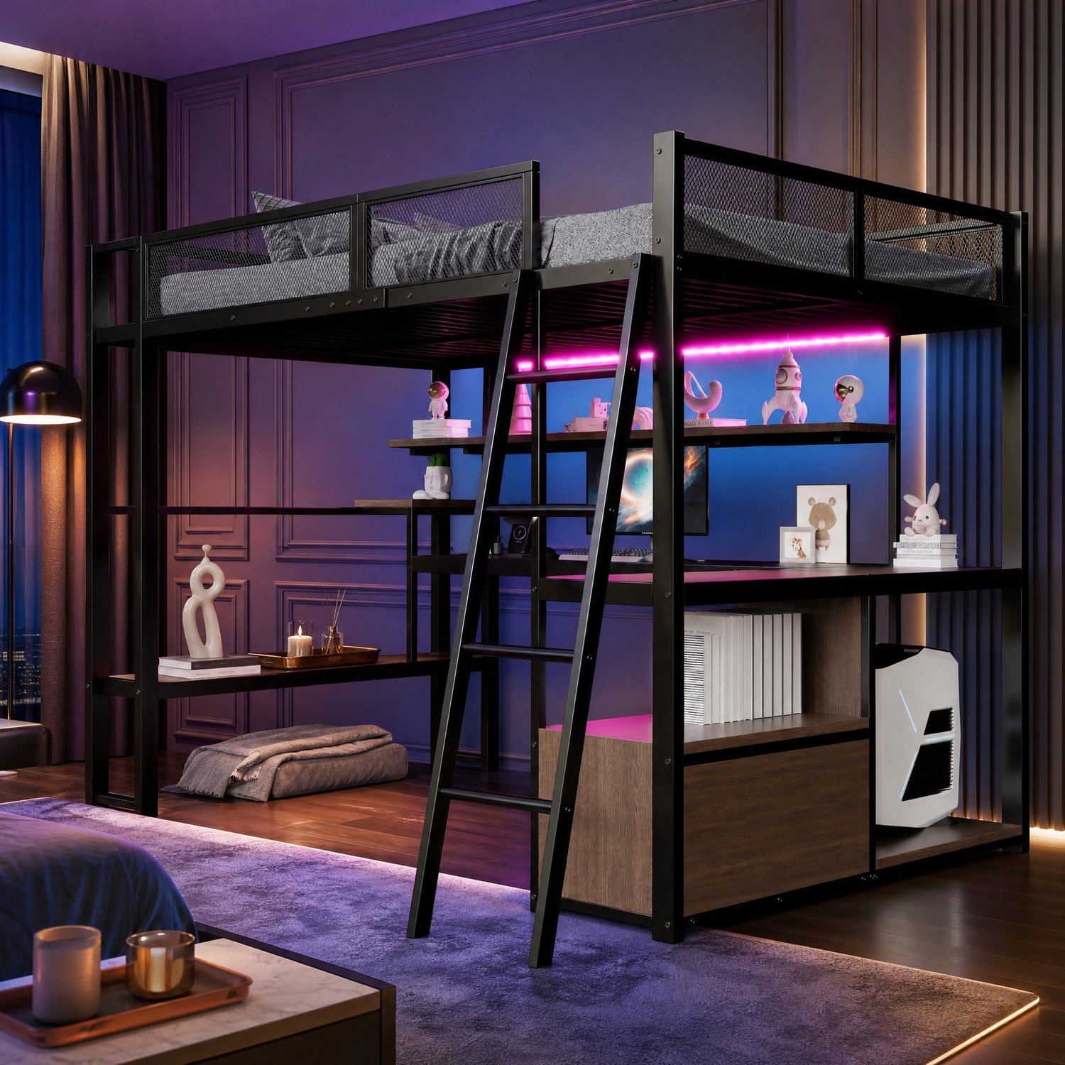 COVREO Hoogslaper met bureau – 140x200 cm – Gamingbed met LED en laadstation – met planken en kast – Zwart - zonder matras