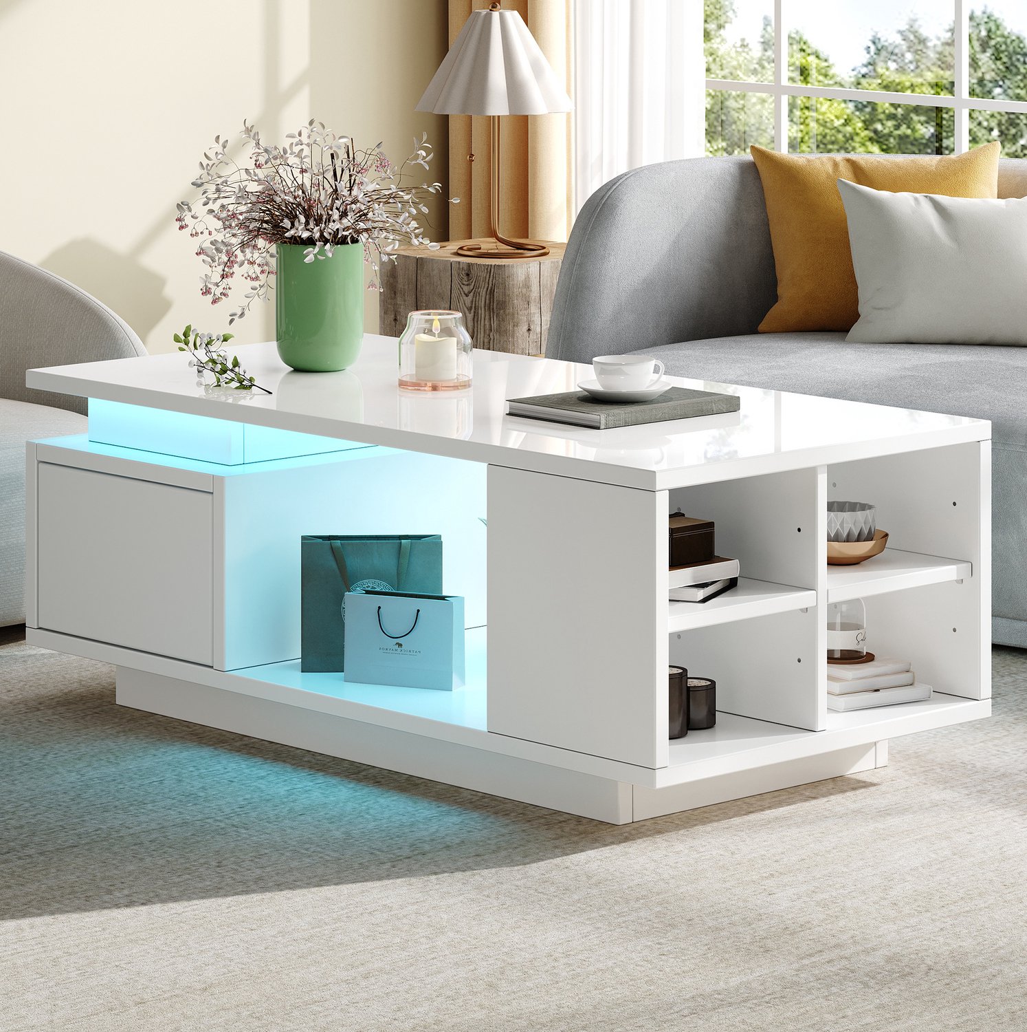 Maisentiel Salontafel 100 x 50 x 36 cm met LED, lade en opbergruimte, spaanplaat wit