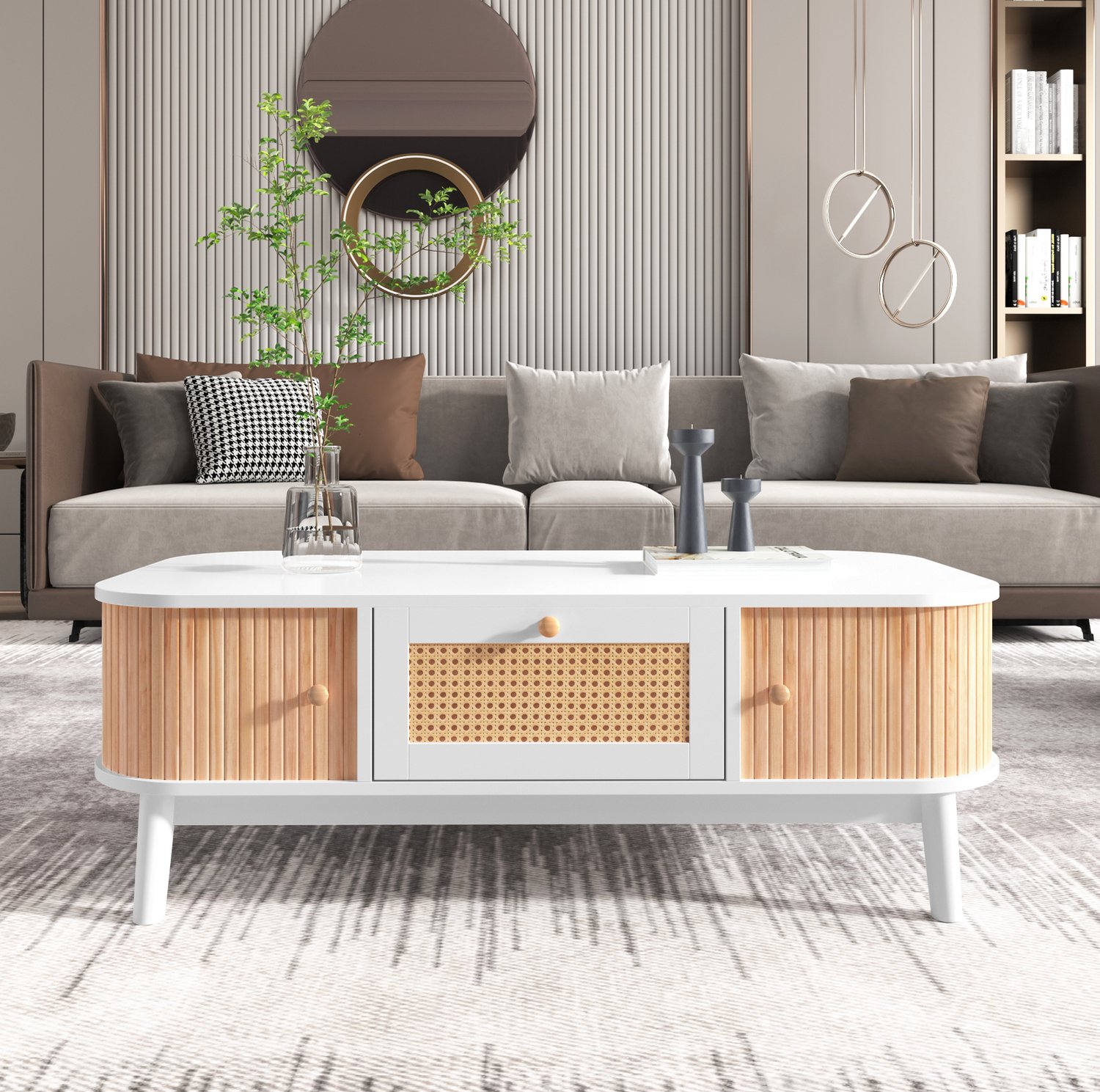 Salontafel 110 x 55 x 38,5 cm met lades en rattanaccenten, MDF, wit/houtkleur