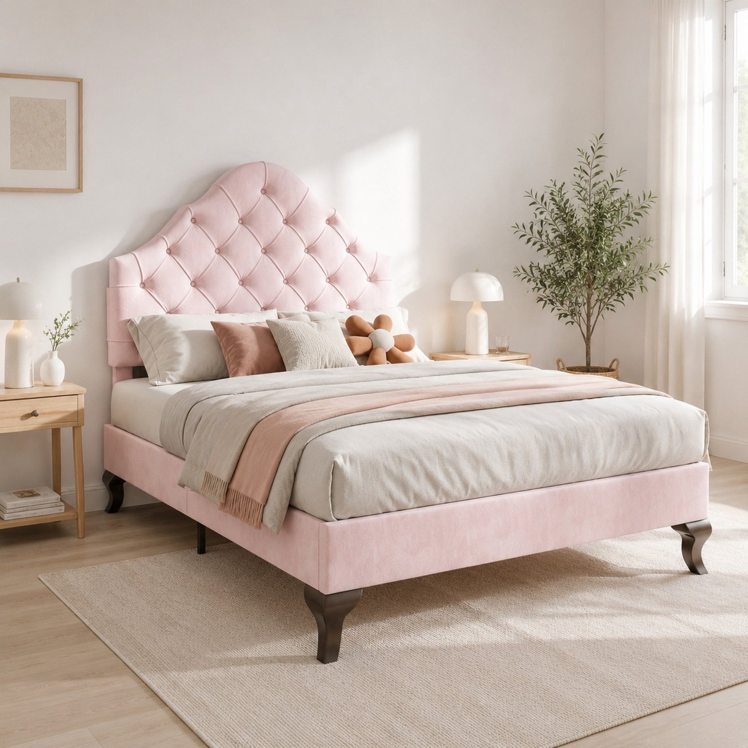 Eenpersoonsbed 90x200 cm met verstelbaar hoofdbord, lattenbodem, fluweel, roze