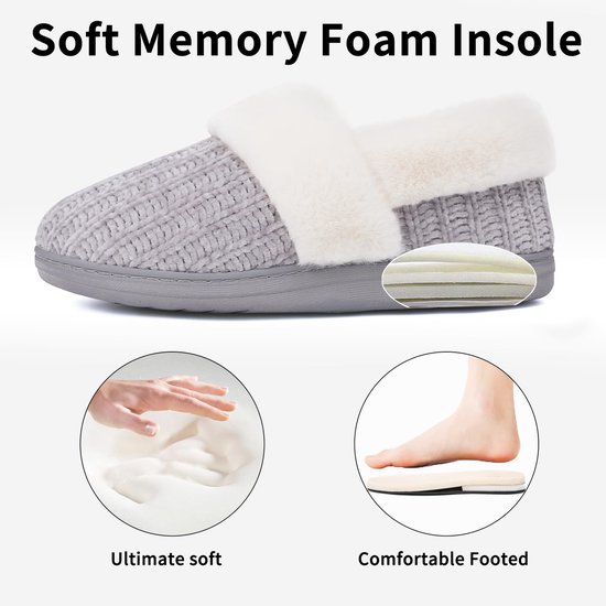 Grijze pantoffel met zachte traagschuim zool, illustreert comfort en ondersteuning voor de voet.