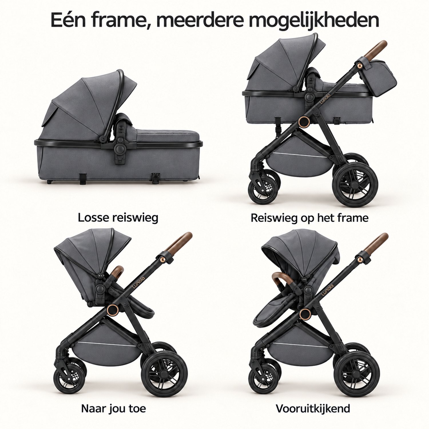 Lunola Noor Premium Kinderwagen 2 in 1 - Combi met Reiswieg en Omkeerbaar Zitje - Compact Inklapbaar - Wandelwagen voor 0 tot 3 Jaar - Grijs thumbnail 2