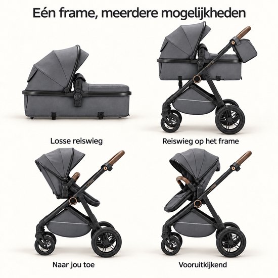 Lunola Noor Premium Kinderwagen 2 in 1 - Combi met Reiswieg en Omkeerbaar Zitje - Compact Inklapbaar - Wandelwagen voor 0 tot 3 Jaar - Grijs — afbeelding 2