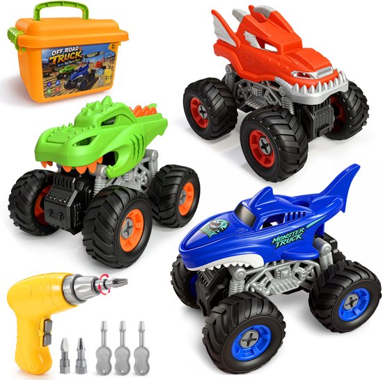Drie monster trucks in groen, rood en blauw met gereedschap en een oranje opbergdoos.