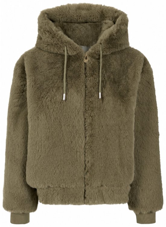 Devant d'un blouson Zoso en fausse fourrure vert olive avec capuche, fermeture éclair et cordons de serrage.