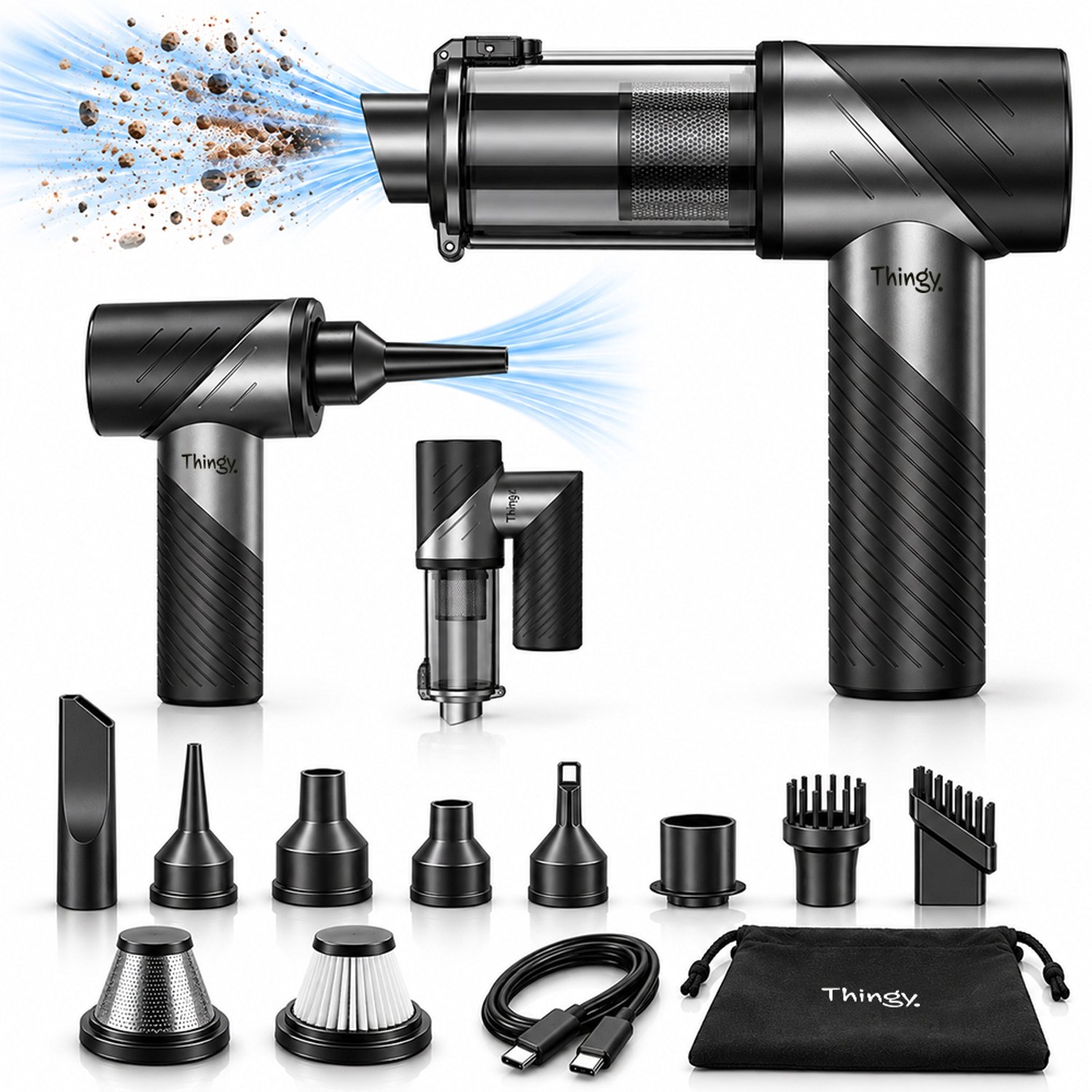 Thingy Premium 4-in-1 Auto Stofzuiger - Zuigen, Blazen, Opblazen & Vacuüm Trekken - Handstofzuiger - 22 kPa Zuigkracht - Kruimeldief - 8 Opzetstukken - Oplaadbaar - Kruimeldief Snoerloos - Air Duster - Kruimeldief voor Auto & Huis Zwart
