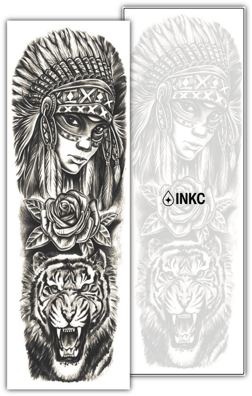 INKC - Tijdelijke Tattoo - Tijger Roos Sleeve - Nep Tattoo - Plak Tattoos - Blijft tot 2 weken - 16 x 47cm