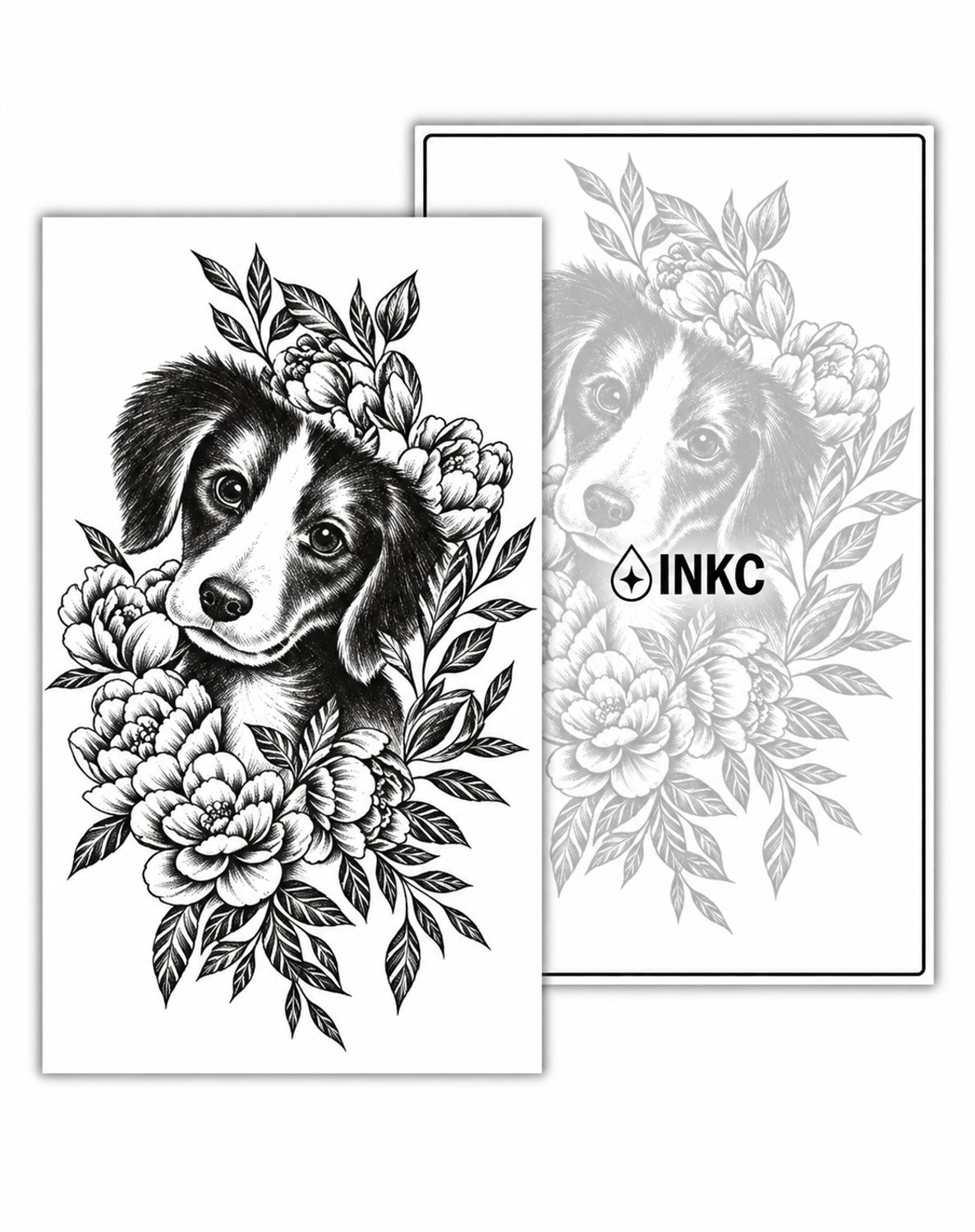 INKC - Tijdelijke Tattoo - Puppy met Bloemen - Nep Tattoo - Plak Tattoos - Blijft tot 2 weken - 11 x 18cm