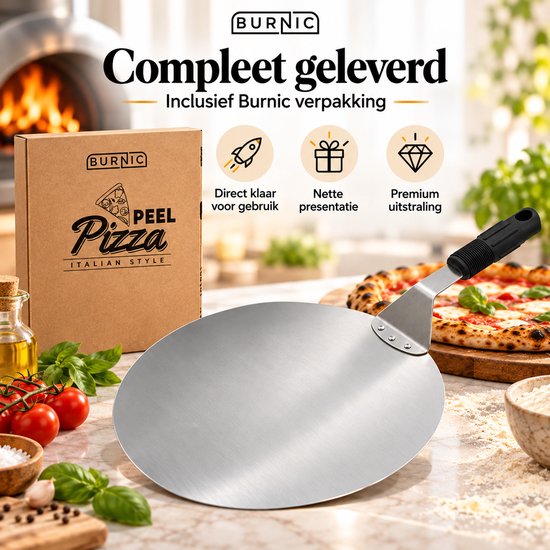 Ronde RVS pizzaschep met zwarte greep, geleverd in een Burnic geschenkverpakking.