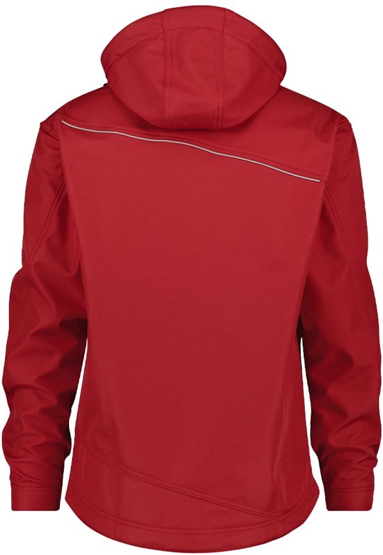 Rode DASSY softshell werkjas met capuchon, reflecterende streep op de rug en gebogen naad aan de onderkant.
