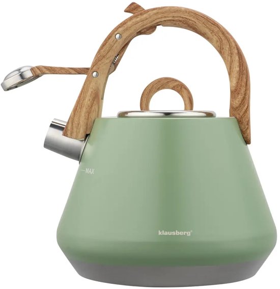 Matgroene Klausberg waterketel met houtlook handvat, RVS tuit en 'MAX' aanduiding.