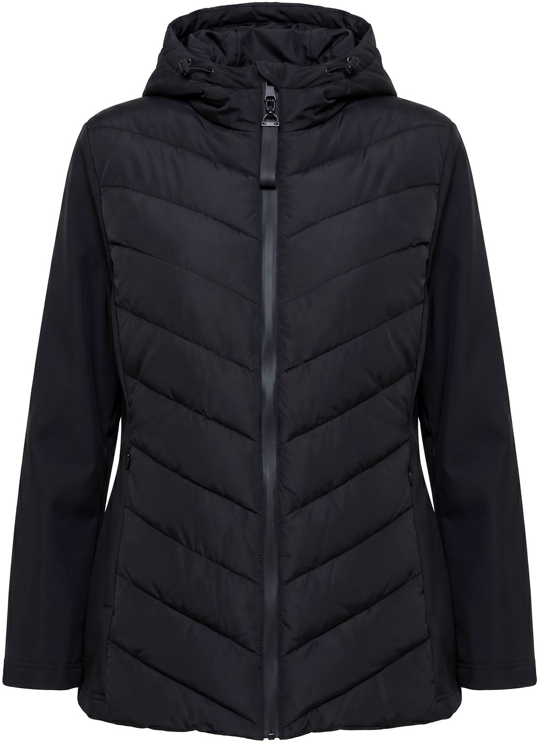 Ulla Popken - Dames - HYPRAR hybride jas materiaalmix opstaande kraag capuchon - Zwart - Maat 58+