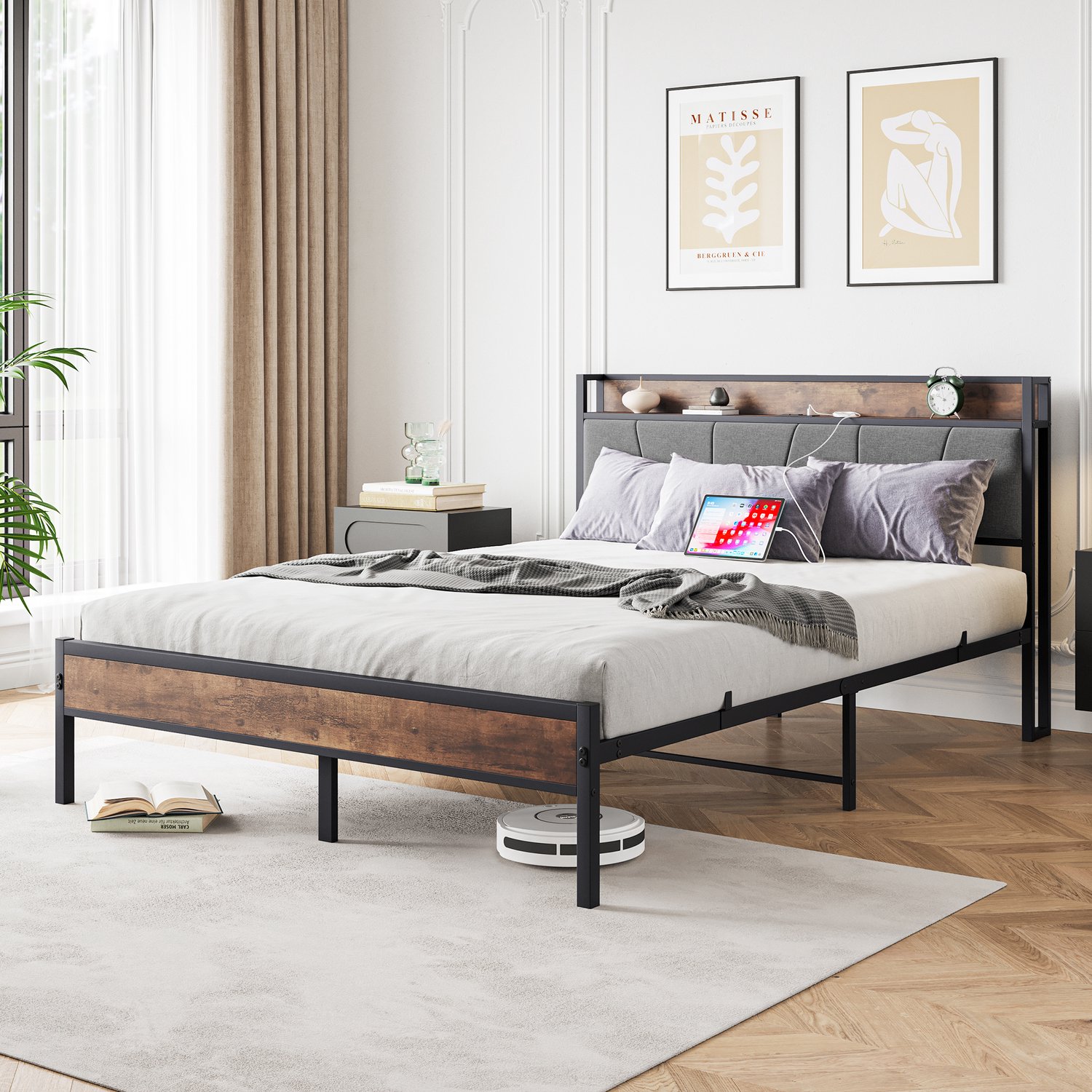 CHICFURN Bedframe 140 x 200 cm - LED-verlichting - USB-oplaadstation - antiekbruin