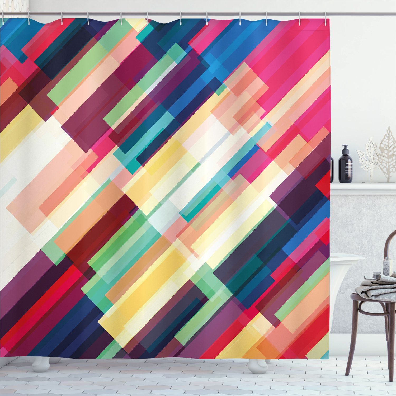 ABAKUHAUS Abstract Douchegordijn, Futuristisch Geometrisch Patroon met Kleurrijke Strepen en Moderne Technologische Print, Stoffen Badkamerdecoratieset met Haken, 175 B x 200 L, Meerkleurig