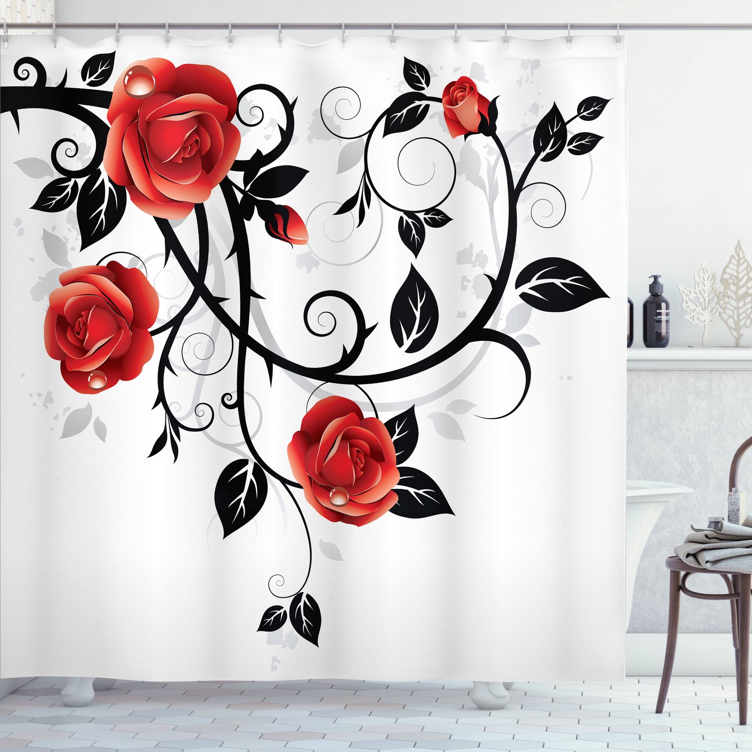 ABAKUHAUS Gotisch Douchegordijn, Wervelende Roses Tuin, Stoffen Badkamerdecoratieset met Haken, 175 x 240 cm, Vermiljoen Zwart Wit
