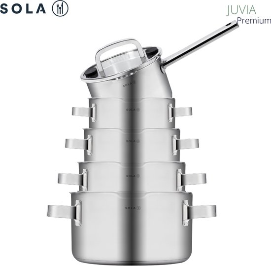 Sola Juvia Premium 5-delige pannenset van roestvrij staal in elkaar gestapeld voor opslag.