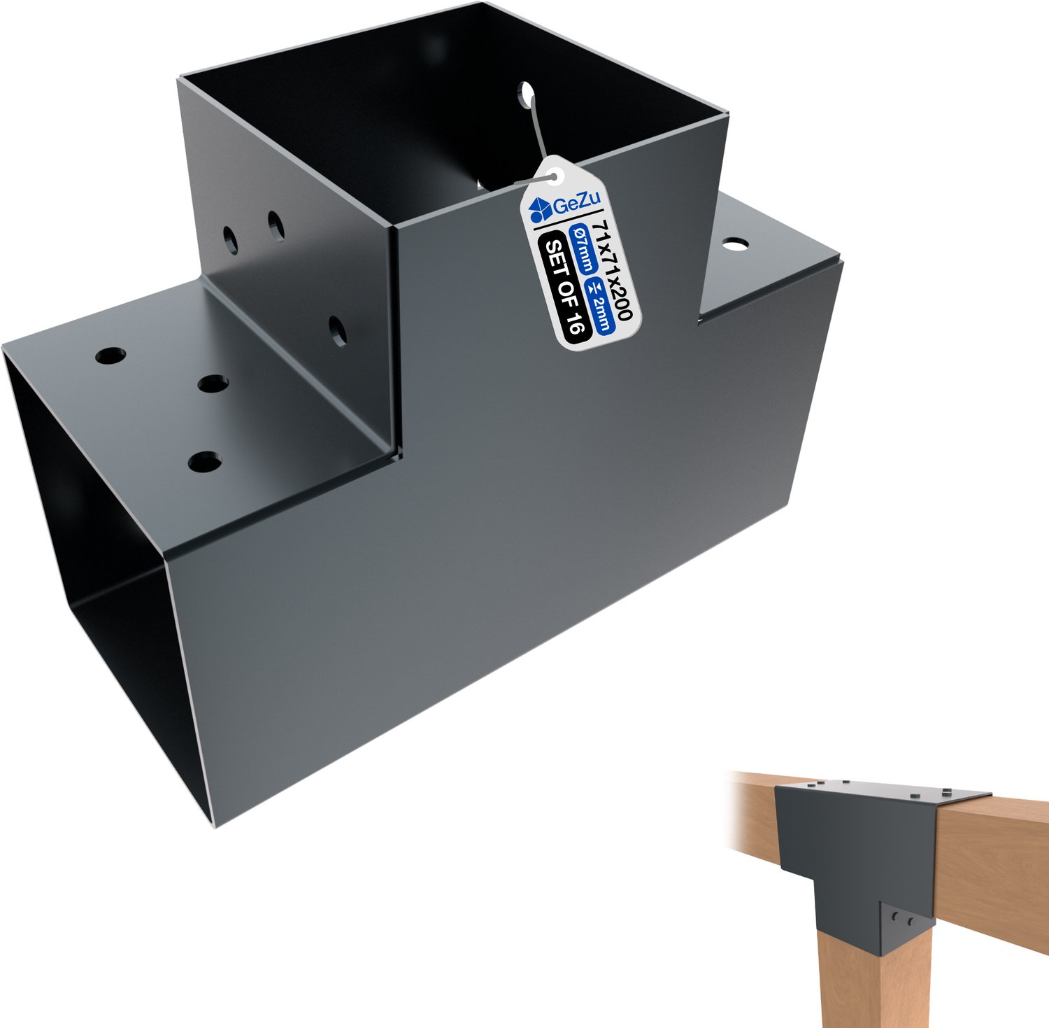 GeZu Impex Paalverbinder T 71 x 71 mm | T set van 16 Gecoat Antraciet Poeder Pergola Hoekverbinding T-Vorm 3-Balk