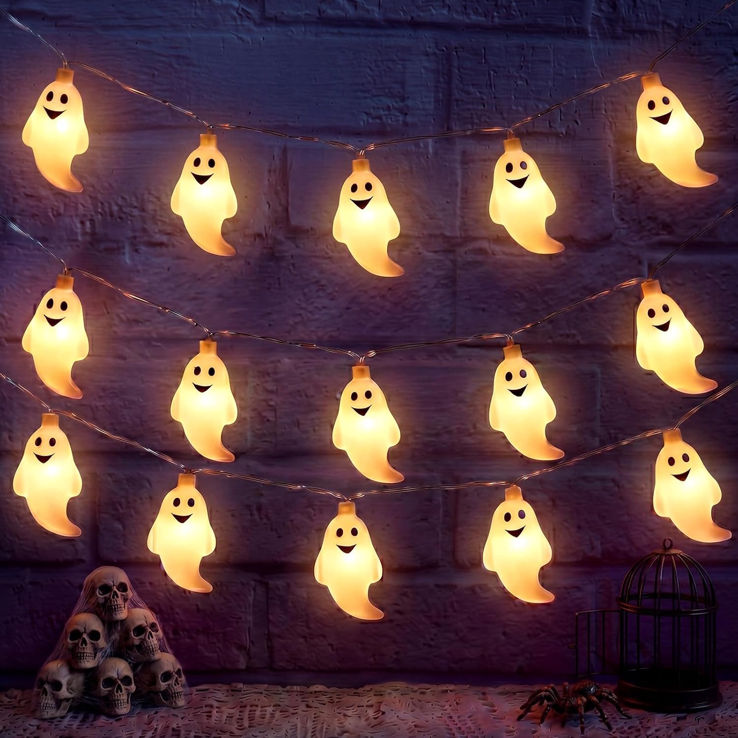 Halloween spook slingerlamp - 3 meter, 20 LED spooklampjes - batterijgevoed, warm wit continu brandend - Decoratie voor Halloween, Kerst en feestjes