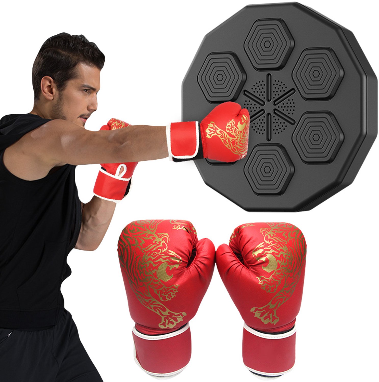 Slimme Muzikale Boksmachine – Wandgemonteerd interactief fitnesssysteem met bokshandschoenen, bewegingsregistratie, Bluetooth 5.0 en realtime feedback voor thuisworkouts, ritmische RGB-verlichting