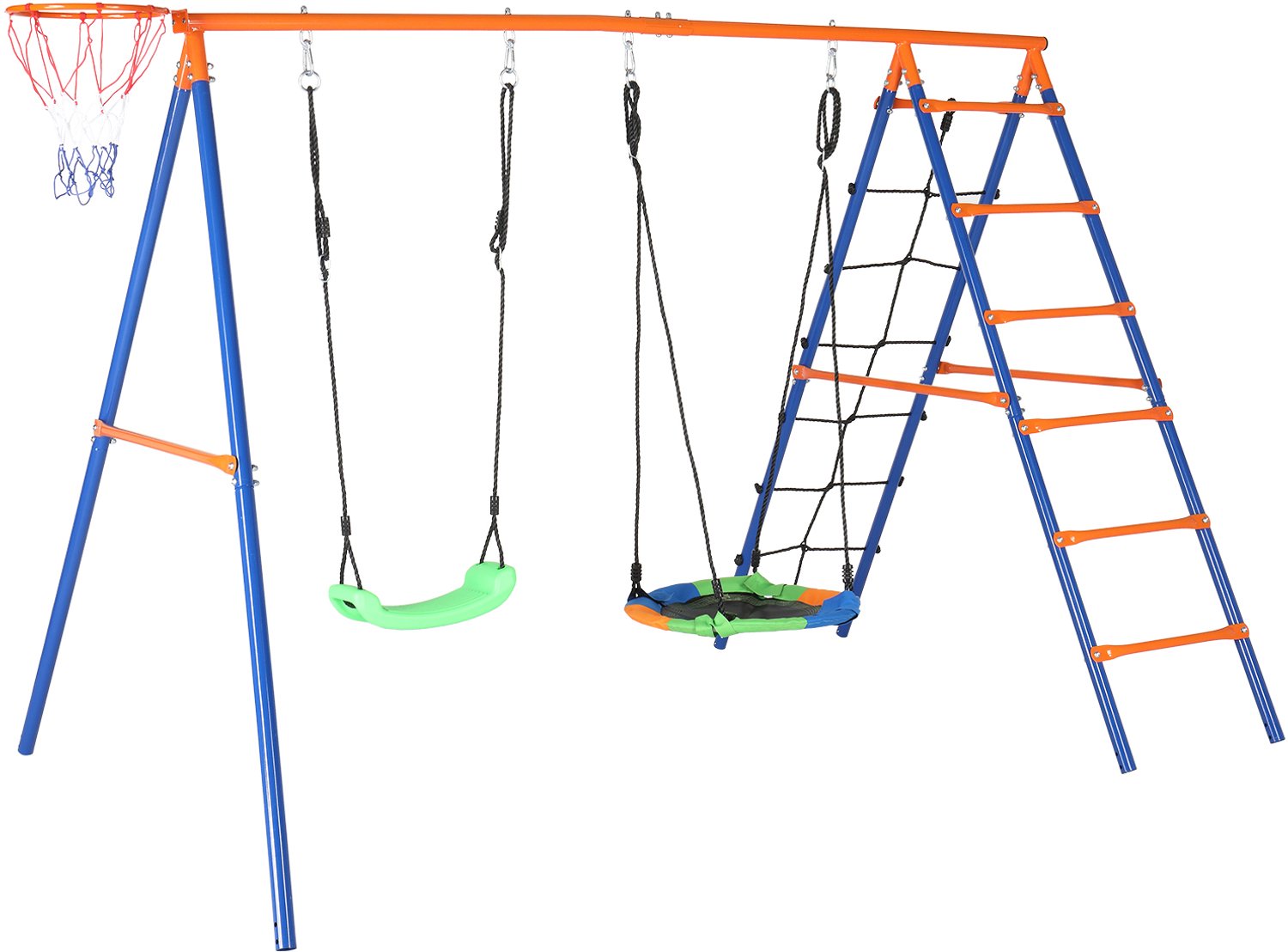 Schommelstation kinderen - LEADZM - Veelzijdig, Basketmand, klimladder, metaal, 240 x 170 x 180 cm, blauw en oranje