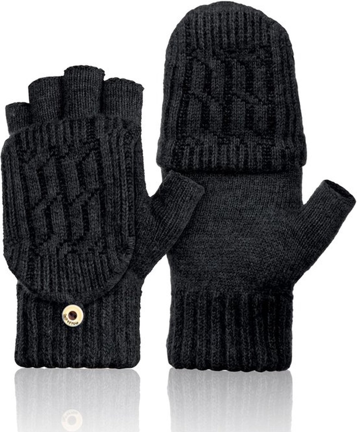 Zwarte Gebreide Heren Handschoenen met Opklapklep Halfvinger model, geschikt voor schrijven, telefoon en buitenactiviteiten
