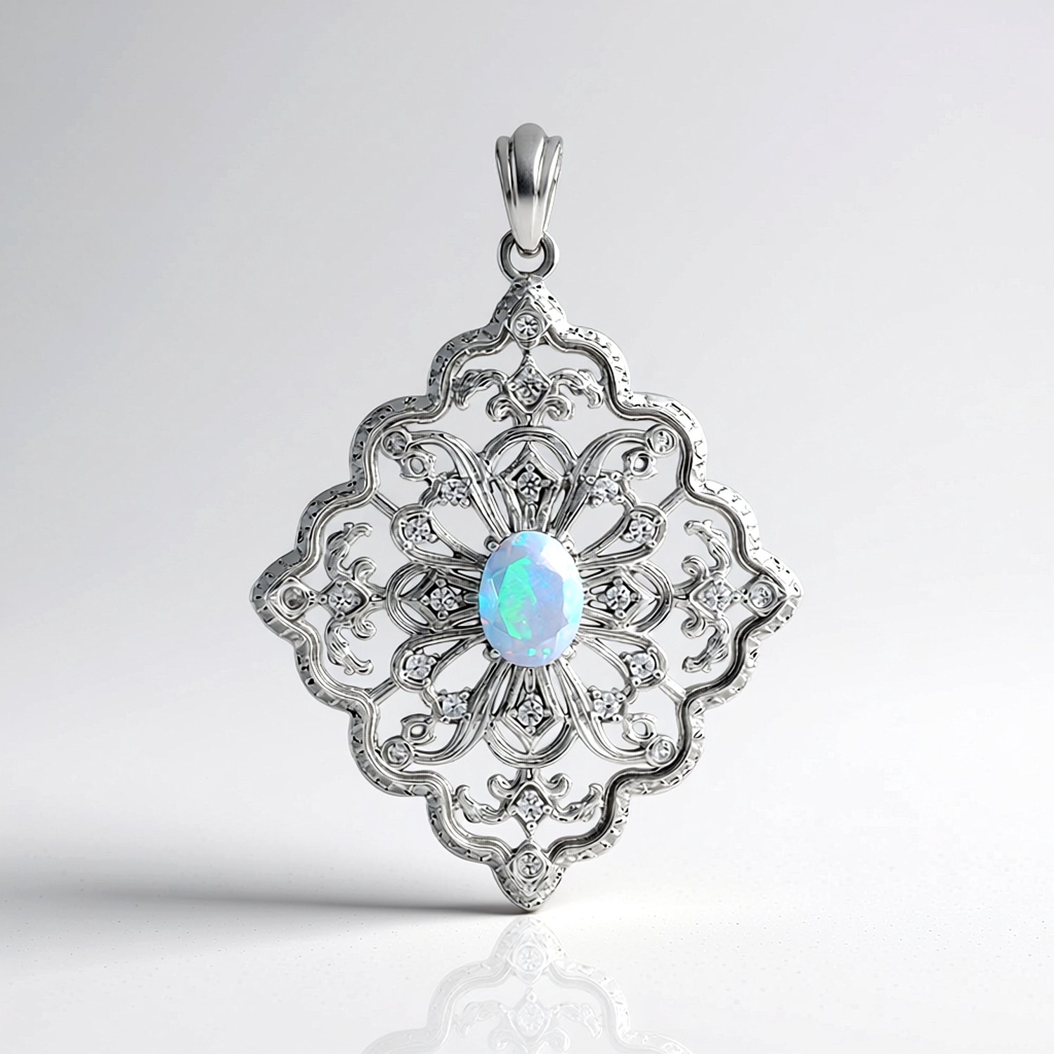 Cavill - Zilveren Hanger - 925 Sterling Zilver Platina Verguld - Ovale Welo-Opaal 0,63 ct - Bloemmotief met Zirkonia 0,46 ct - Elegant
