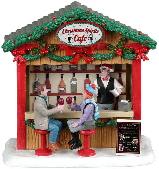Kerstcafé met barman en klanten die proosten. Tekst: Christmas Spirits Cafe en menubord met drankjes.