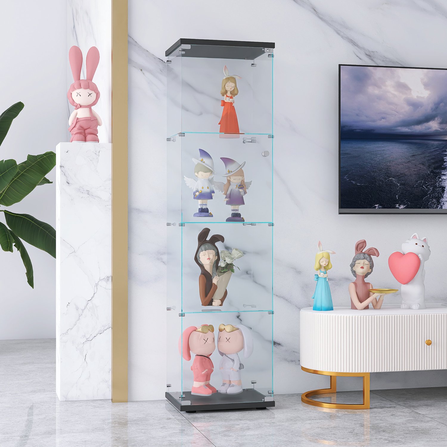 Yelenaro Glazen vitrinekast, Vitrinekast van glas met veiligheidsslot, 1 deur en 4 lagen, Gehard Glas, vitrines, collectiekast, staande glazenkast, 42.5x36.5x164cm, Zwart