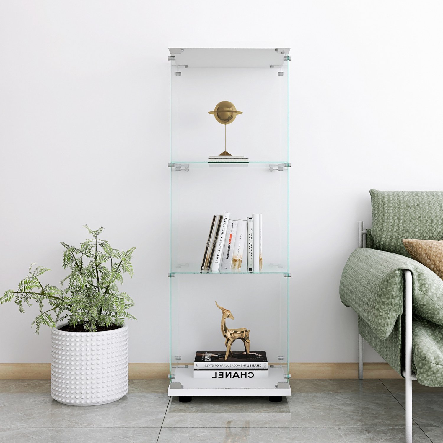 Yelenaro Glazen vitrinekast, Vitrinekast van glas met veiligheidsslot, 1 deur en 3 lagen, Gehard Glas, vitrines, collectiekast, staande glazenkast, 42.5x36.5x125cm, Wit