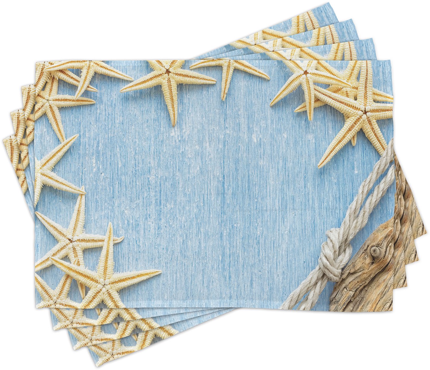 ABAKUHAUS Schelpen Placemats Set van 4, Schelpen Maritiem Strand Thema Schaaldieren Houten Plank Romantiek Vintage, Wasbare Stoffen Placemats voor de Eettafel, Standaardformaat, Blauw Ivoor