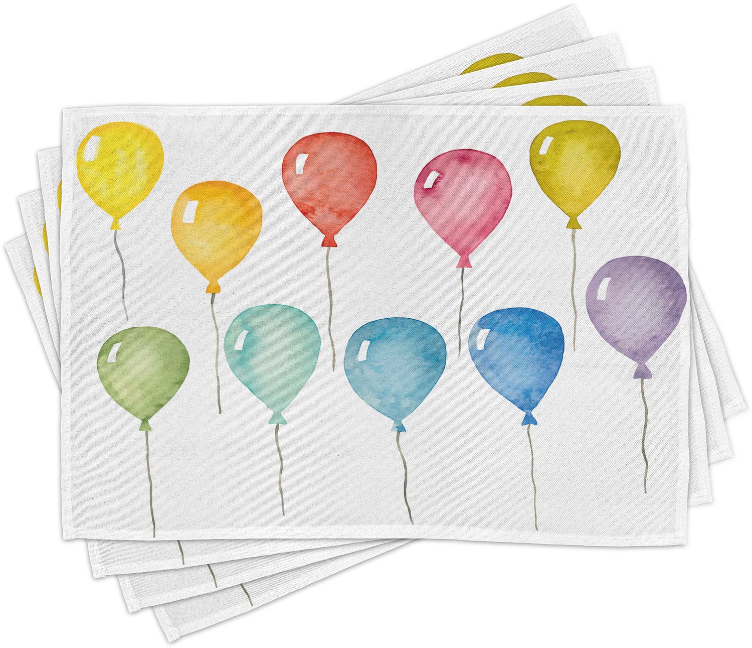 ABAKUHAUS Feest Placemats Set van 4, Kleurrijke Ballonnen Feest Vrolijk Verjaardag Viering Thema Aquarel Kunst, Wasbare Stoffen Placemats voor de Eettafel, Standaardformaat, Mosterd