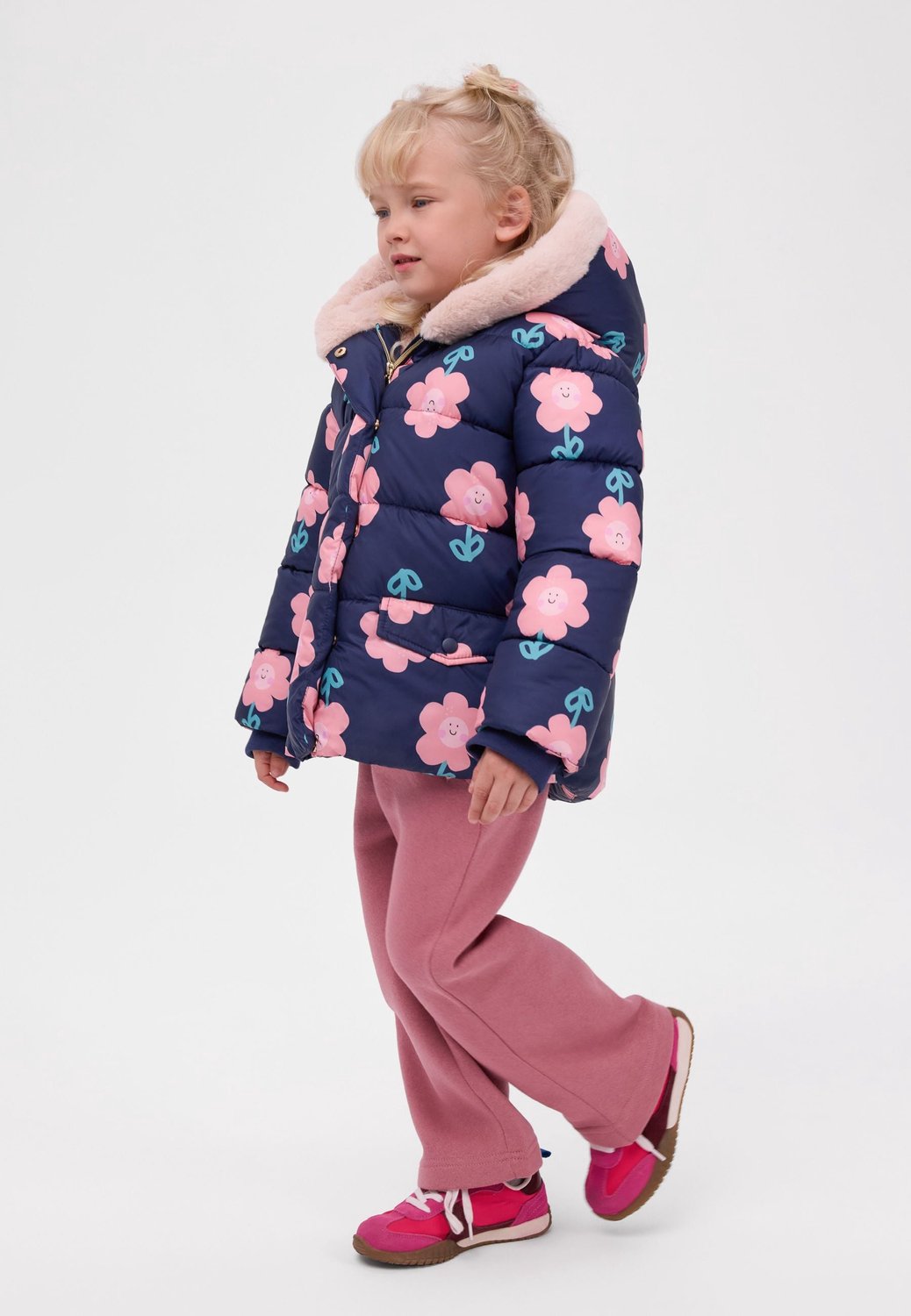 Minoti winterjas meisje – bloemenprint – pluchevoering – marineblauw