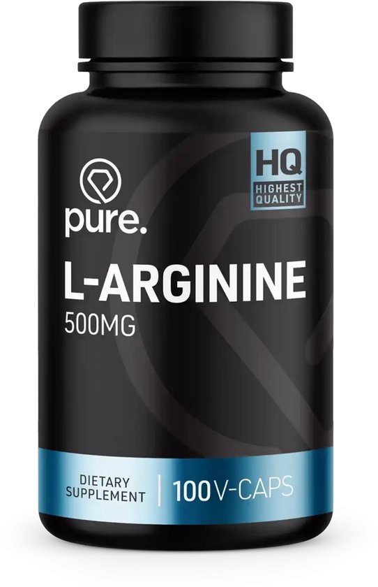 Zwarte fles Pure. L-Arginine 500mg supplement, 100 vegetarische capsules, met blauwe accenten.