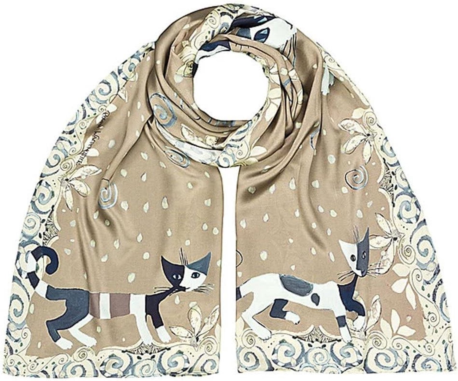 Zijden sjaal met kattenkunstmotief, handgerolde rand, 172x42 cm