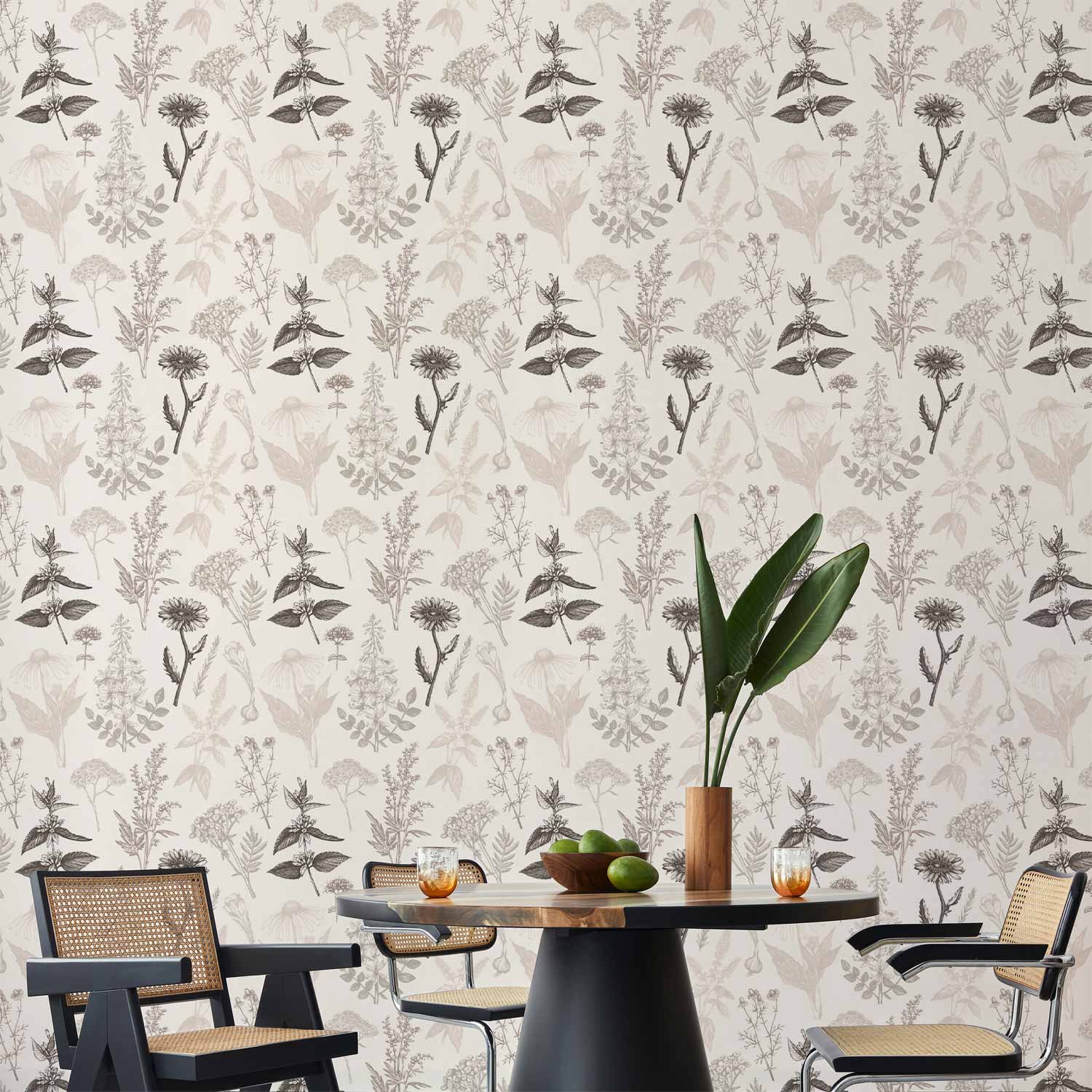 Behang - Flowers and herbs in warm greys
