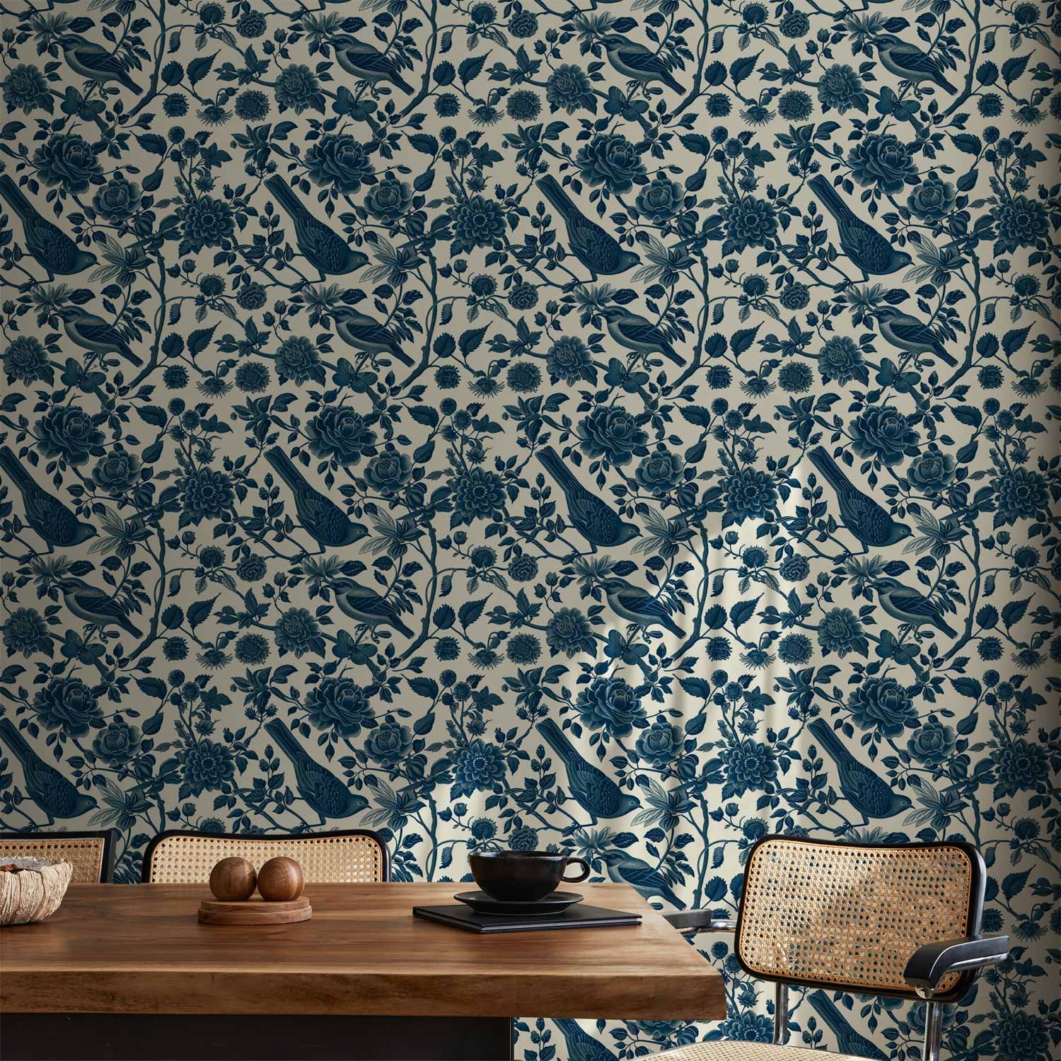 Behang - Birds and roses - monochrome blue pattern with botanical motif