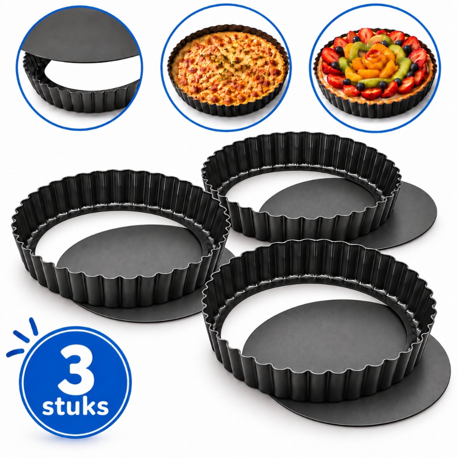 Tomec® Quichevorm set - 3 x 14 cm - Losse bodem - Voor quiche en taart